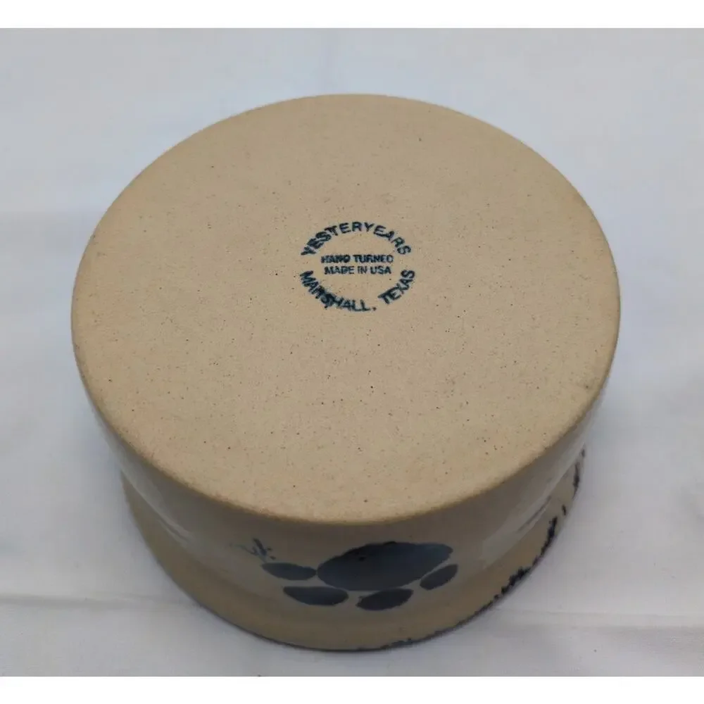 Yesteryears Hand Turned Stoneware Dog Bowl Signed Blue Pawprints USA Vintage